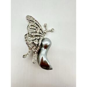 Vintage Kenneth Lane Butterfly Pin Brooch KJL Silver Tone Faux Pearl Insect Pin